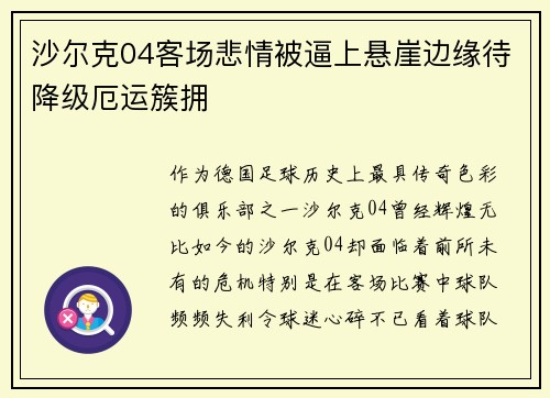 沙尔克04客场悲情被逼上悬崖边缘待降级厄运簇拥